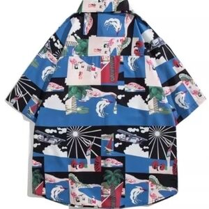 Retro Hawaii Postcard Print Patchwork Shirt